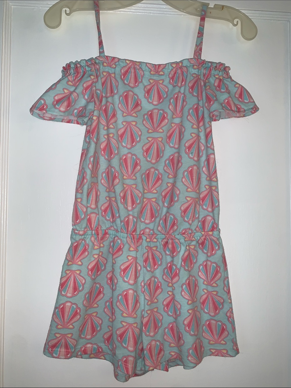 Children’s Place Pink & Blue Seashell Print Off-Shoulder Romper 5/6 EUC